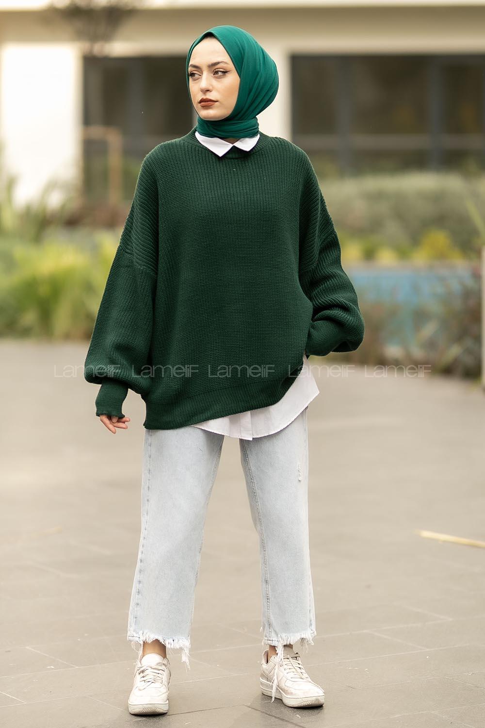 Modalamelif Balon Kol Düz Basic Kazak Zümrüt