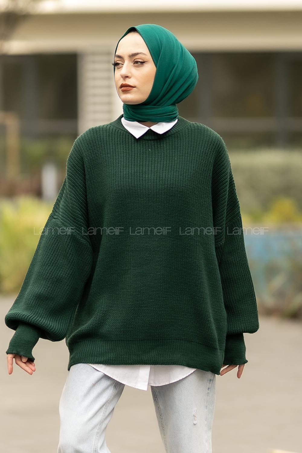 Modalamelif Balon Kol Düz Basic Kazak Zümrüt