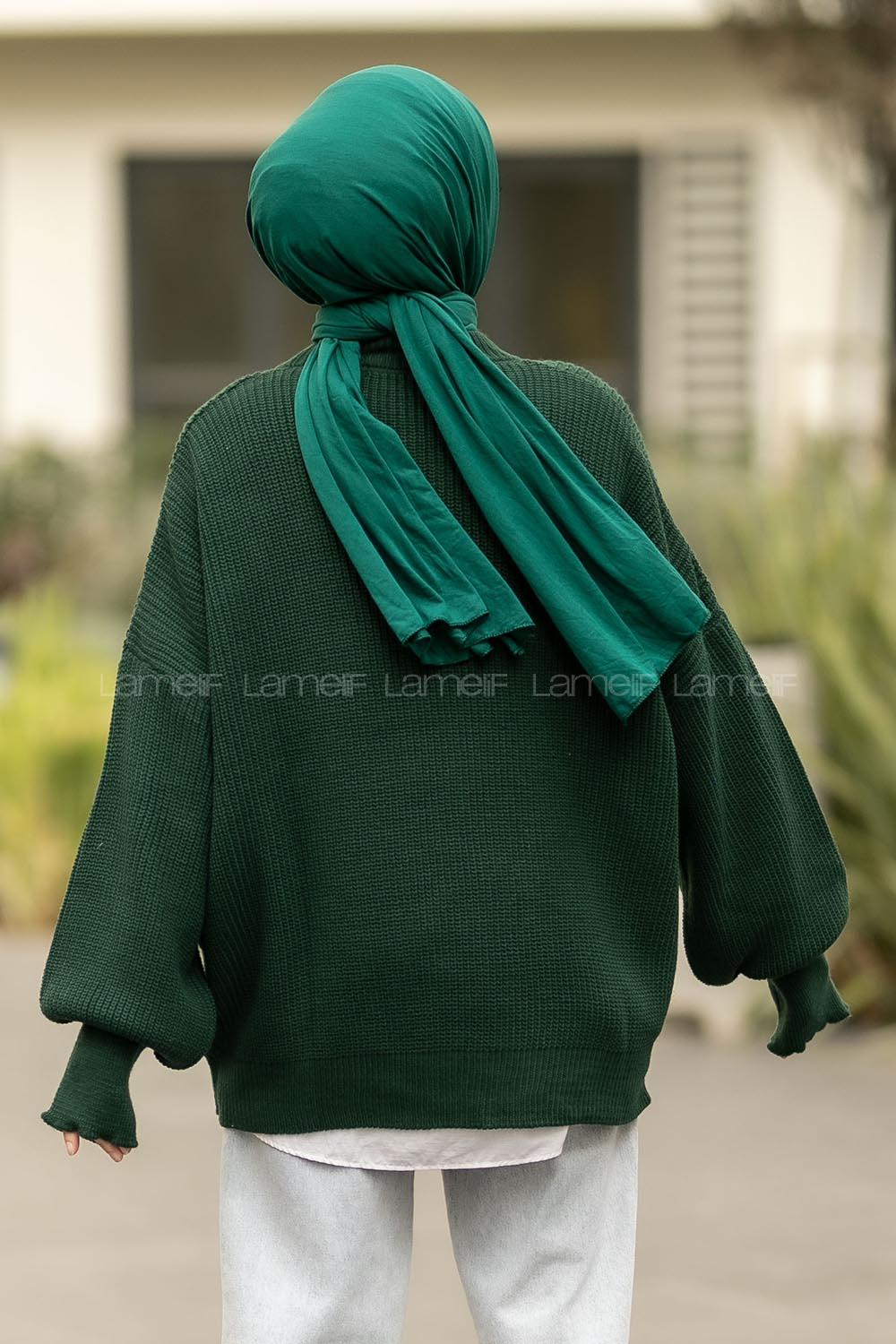 Modalamelif Balon Kol Düz Basic Kazak Zümrüt