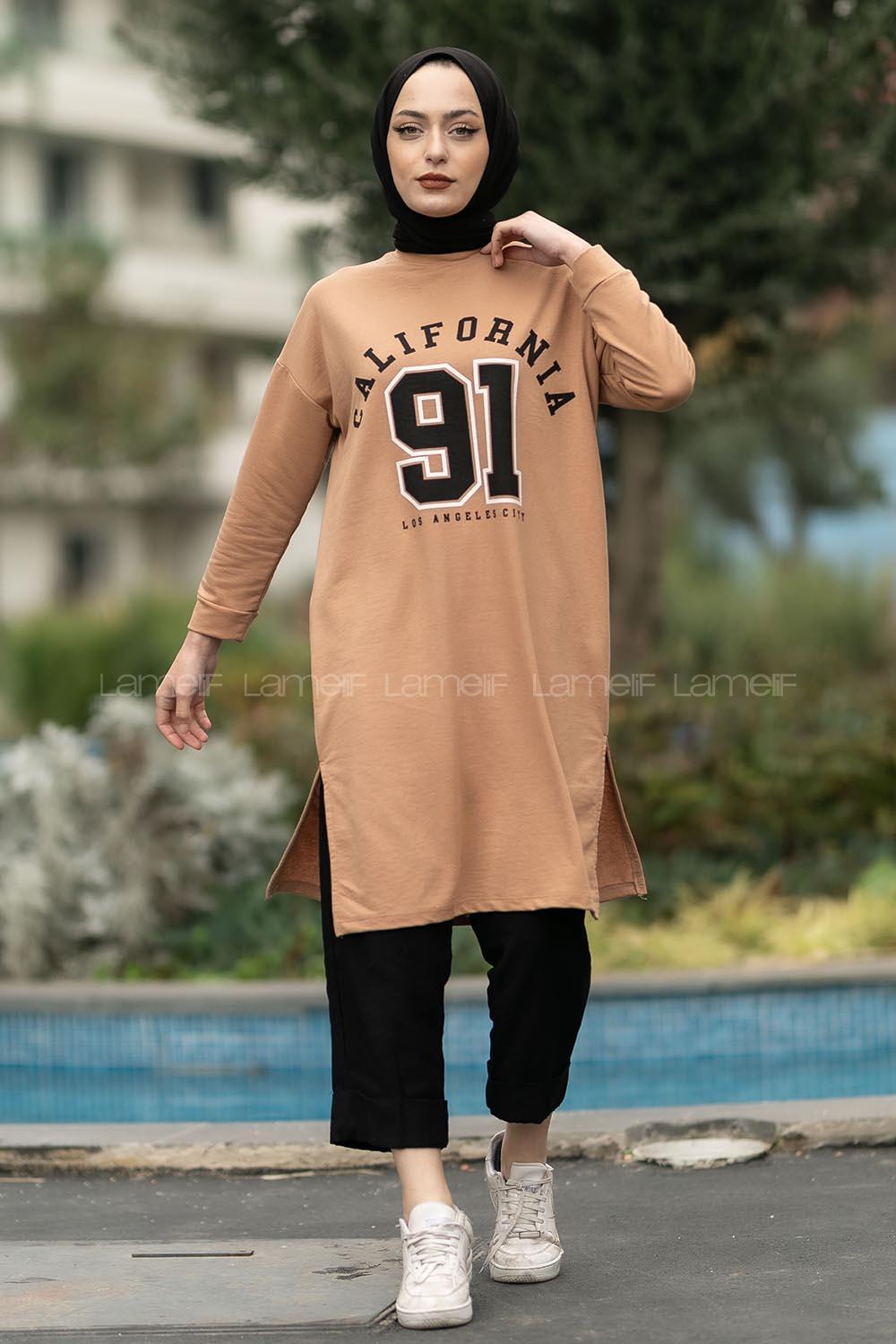 Modalamelif Bisiklet Yaka California Yazı Baskılı Yırtmaçlı Tunik Sütlükahve