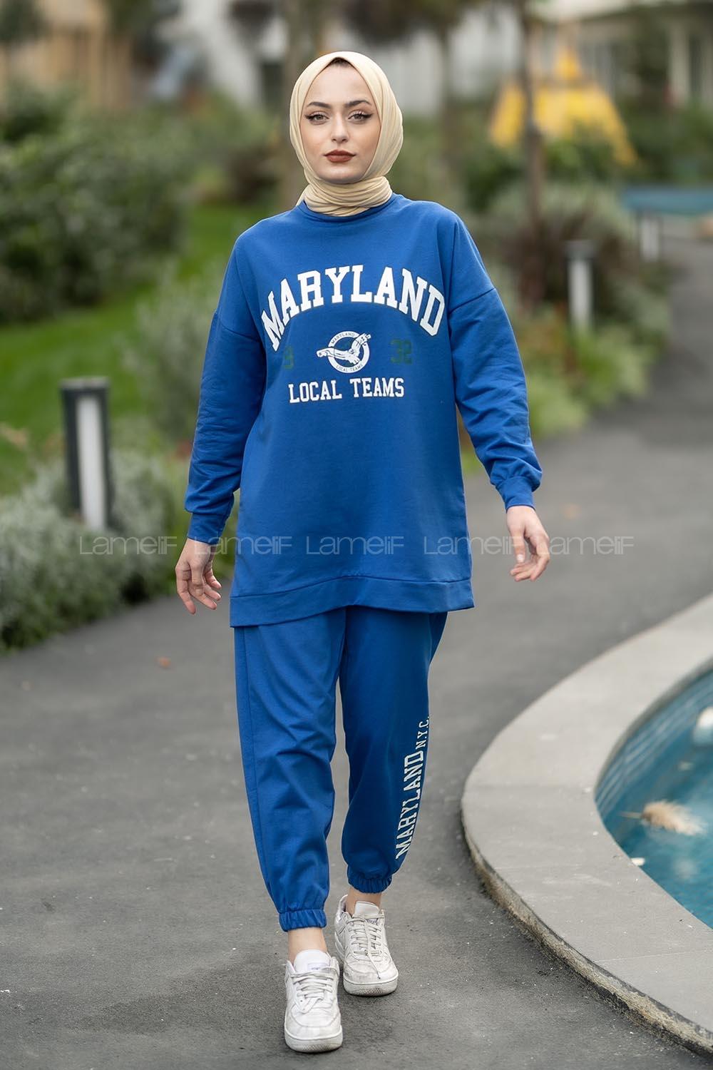 Modalamelif Bisiklet Yaka Maryland Yazı Baskılı Detaylı Takım İndigo