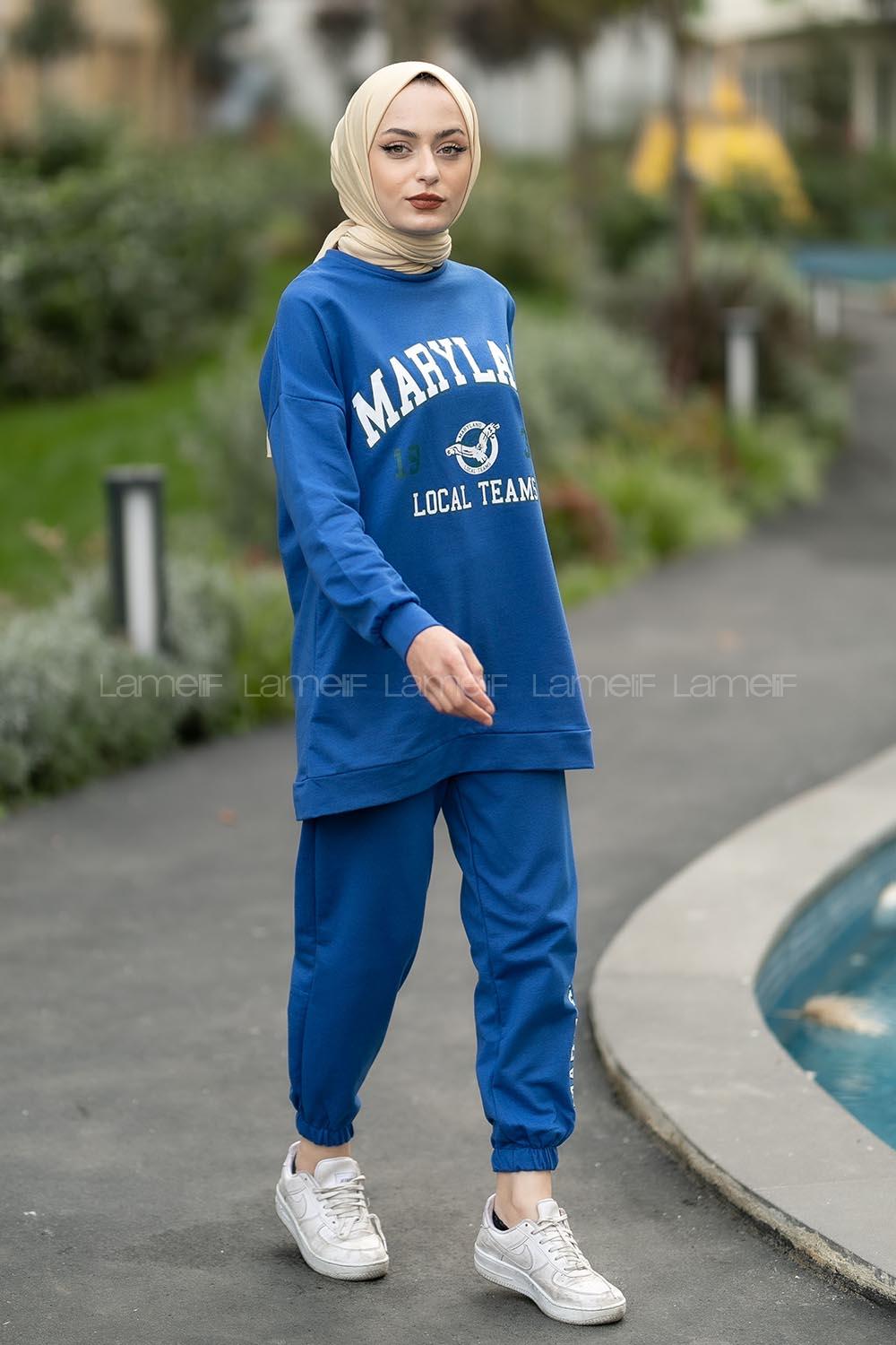 Modalamelif Bisiklet Yaka Maryland Yazı Baskılı Detaylı Takım İndigo