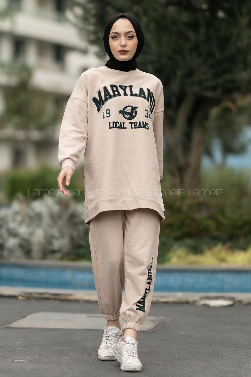 Modalamelif Bisiklet Yaka Maryland Yazı Baskılı Detaylı Takım Krem