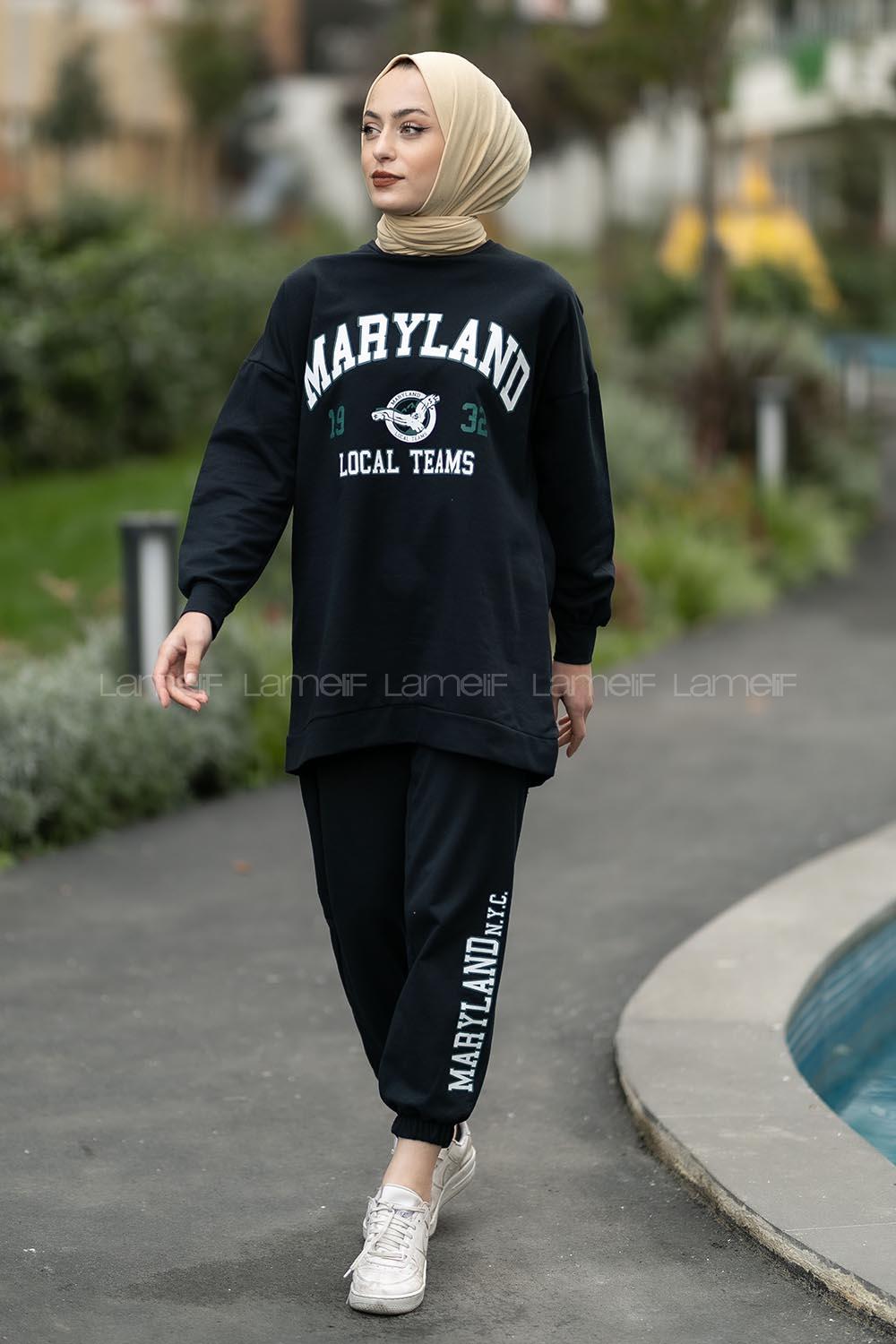 if Bisiklet Yaka Maryland Yazı Baskılı Detaylı Takım Siyah