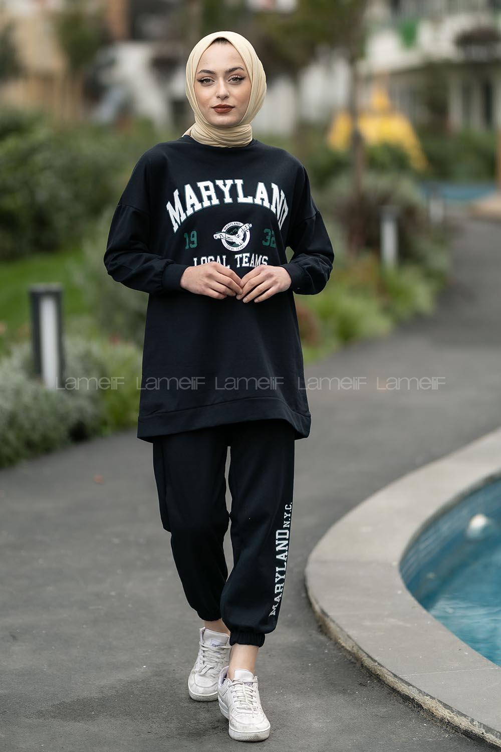 if Bisiklet Yaka Maryland Yazı Baskılı Detaylı Takım Siyah