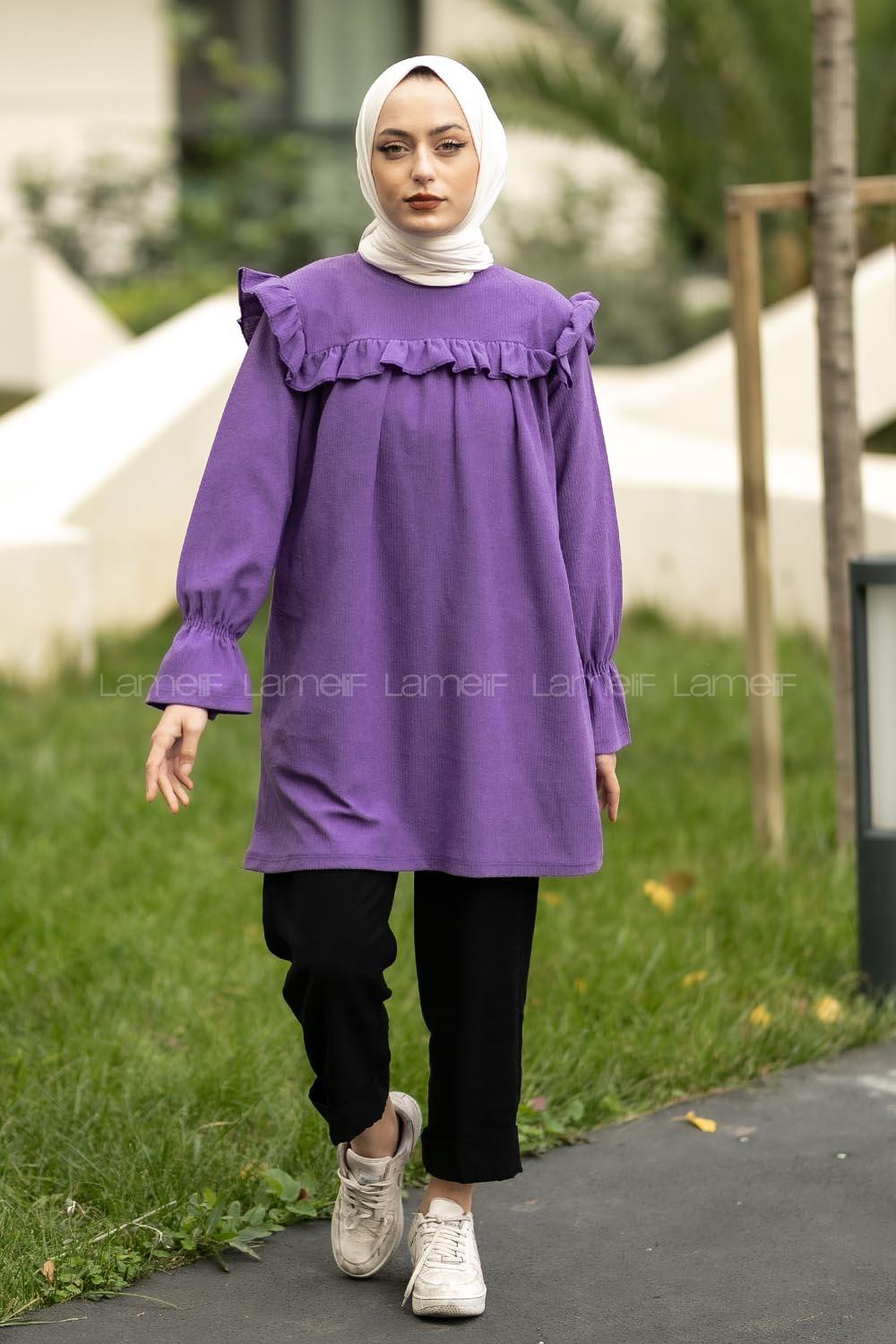 Modalamelif Bisiklet Yaka Önü Fırfır Detaylı Fitlli Tunik Mor