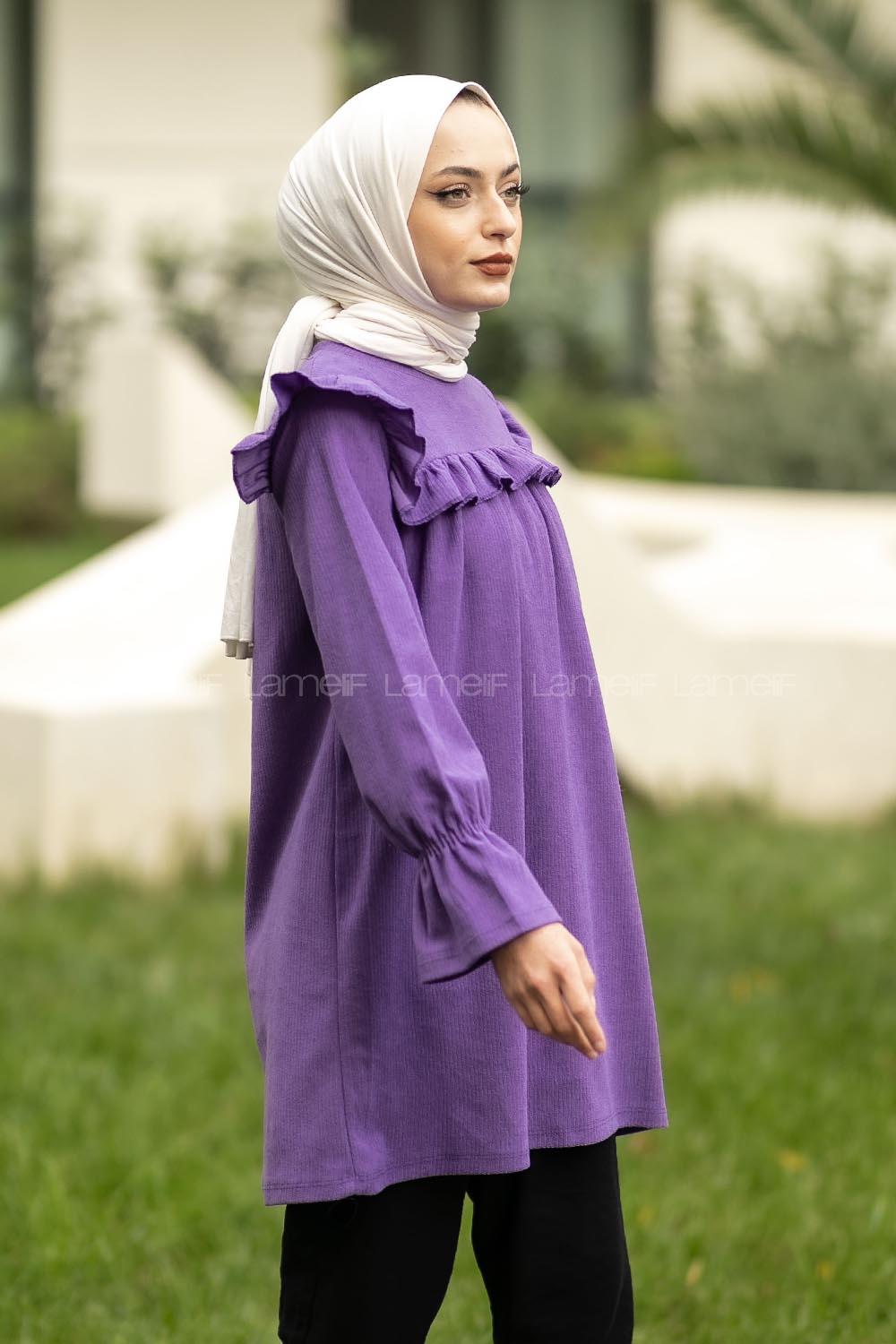 Modalamelif Bisiklet Yaka Önü Fırfır Detaylı Fitlli Tunik Mor