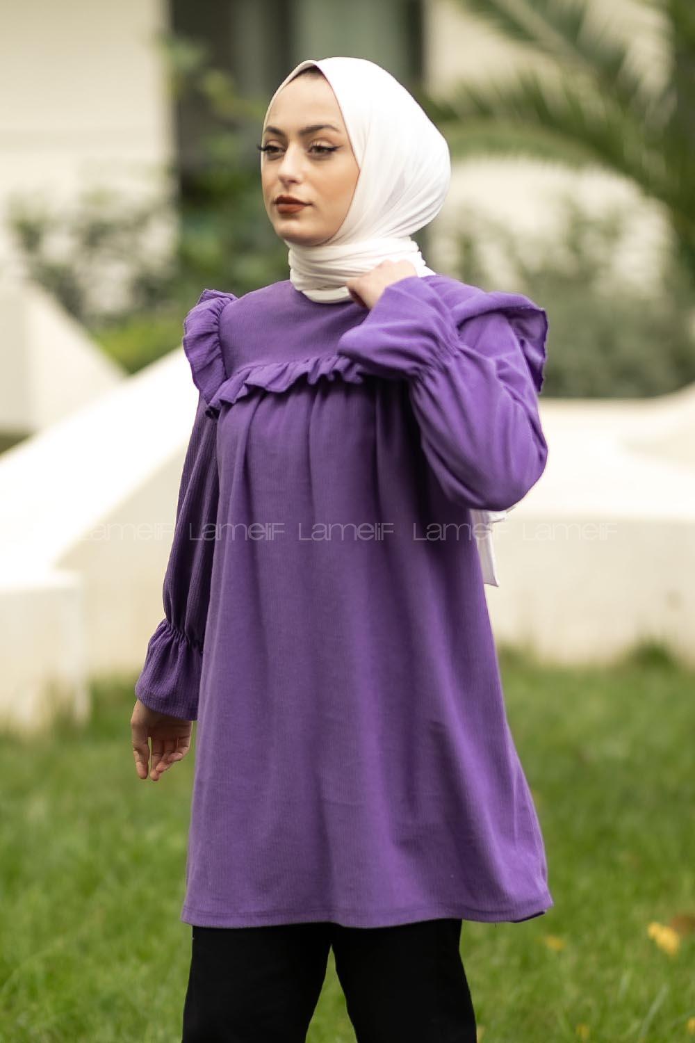 Modalamelif Bisiklet Yaka Önü Fırfır Detaylı Fitlli Tunik Mor