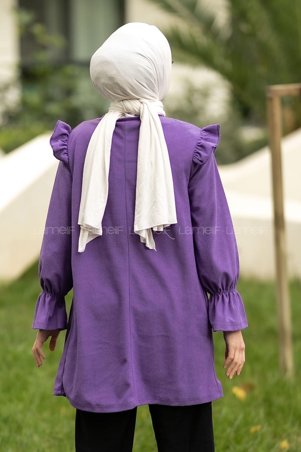 Modalamelif Bisiklet Yaka Önü Fırfır Detaylı Fitlli Tunik Mor