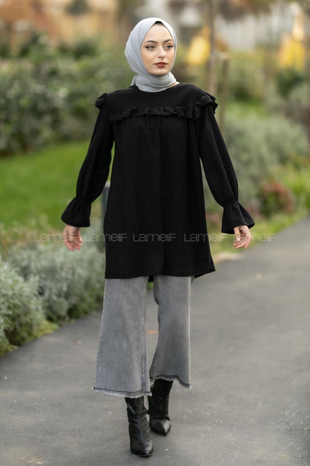 Modalamelif Bisiklet Yaka Önü Fırfır Detaylı Fitlli Tunik Siyah