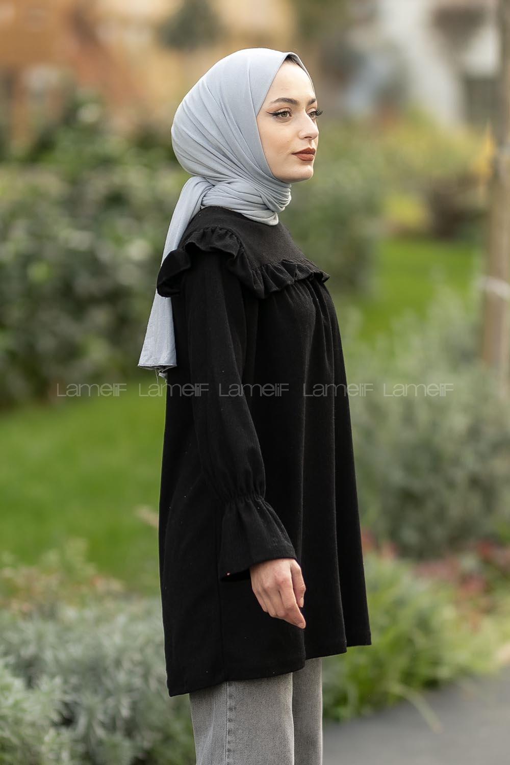 Modalamelif Bisiklet Yaka Önü Fırfır Detaylı Fitlli Tunik Siyah