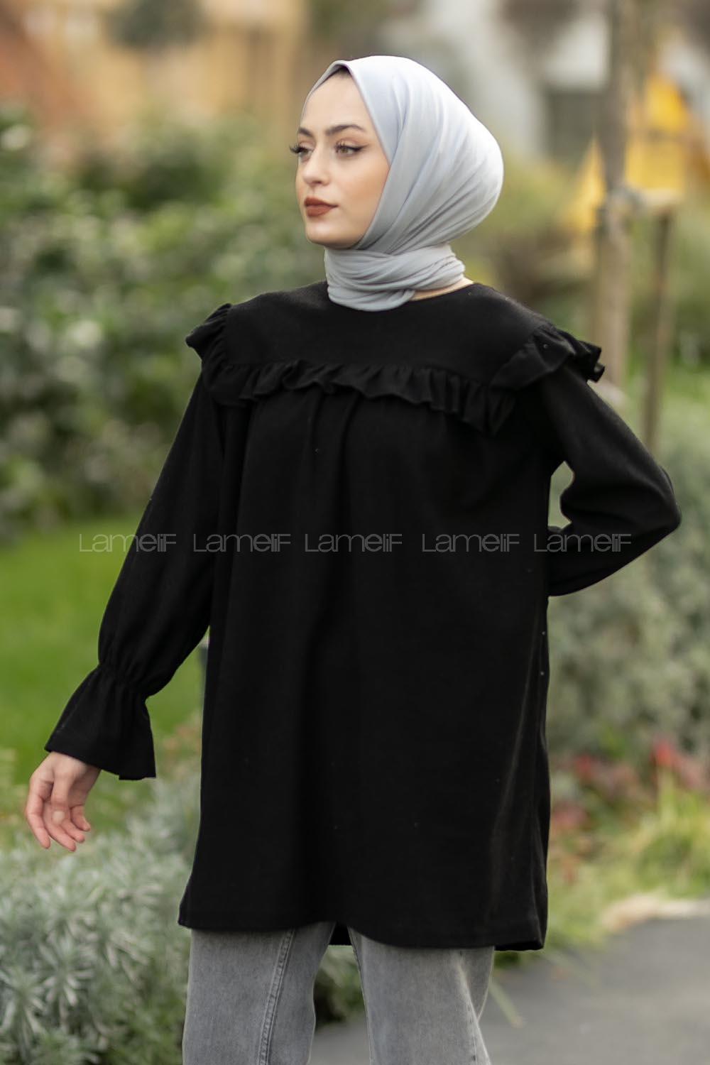 Modalamelif Bisiklet Yaka Önü Fırfır Detaylı Fitlli Tunik Siyah