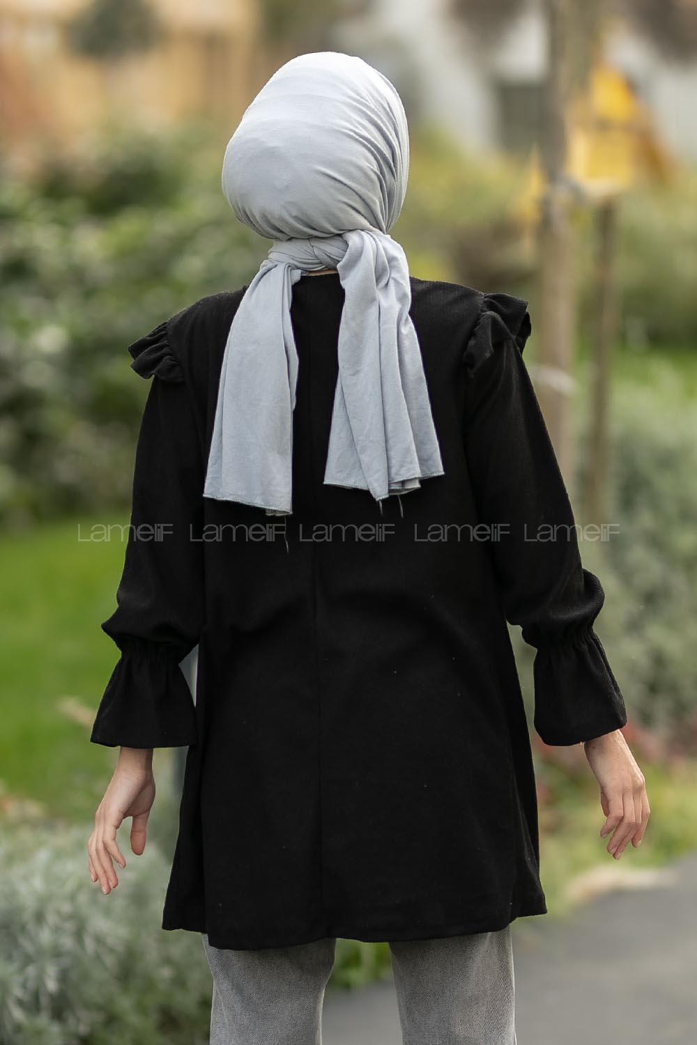 Modalamelif Bisiklet Yaka Önü Fırfır Detaylı Fitlli Tunik Siyah