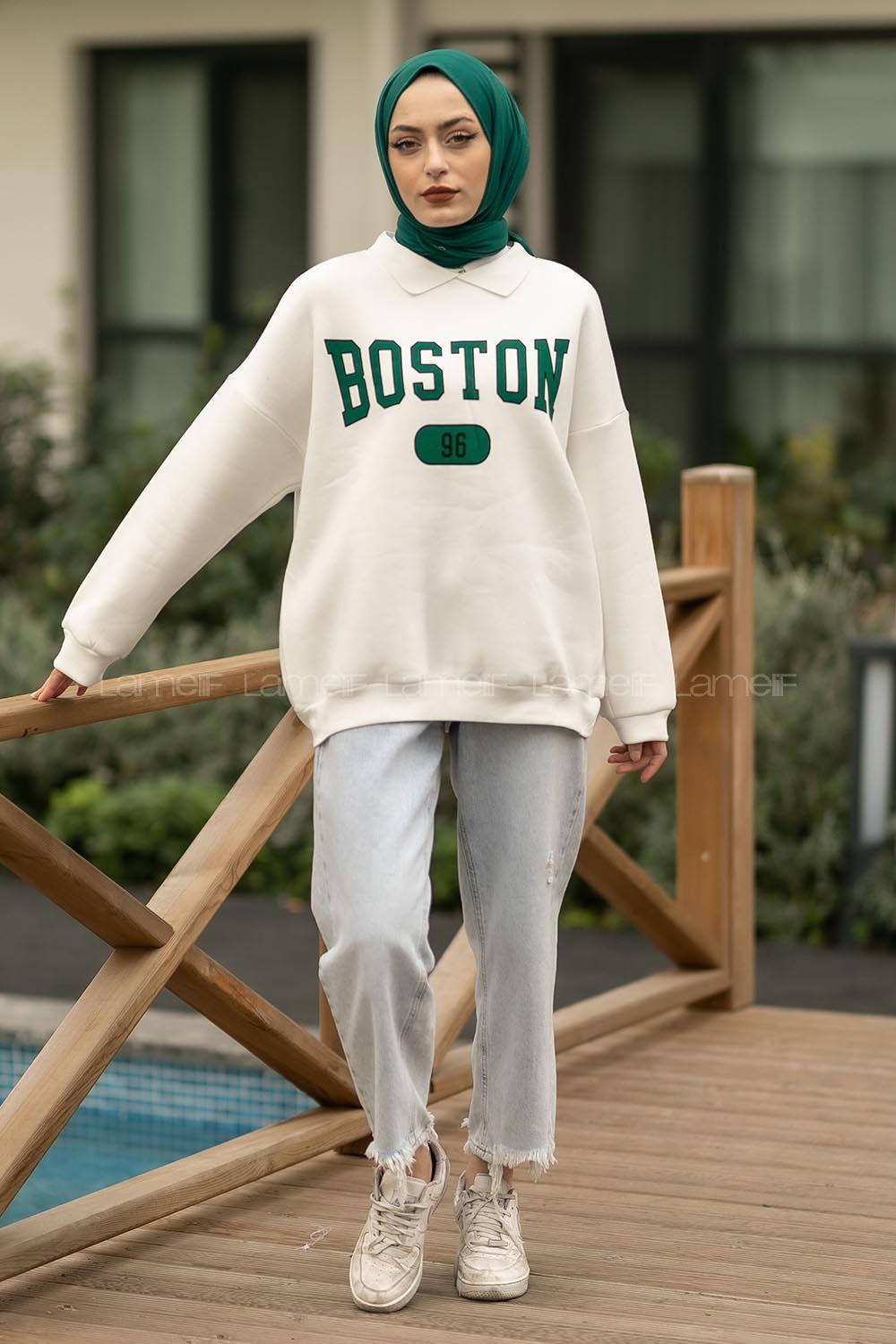 Modalamelif Boston Yazı Baskılı Polo Yaka Sweat Beyaz