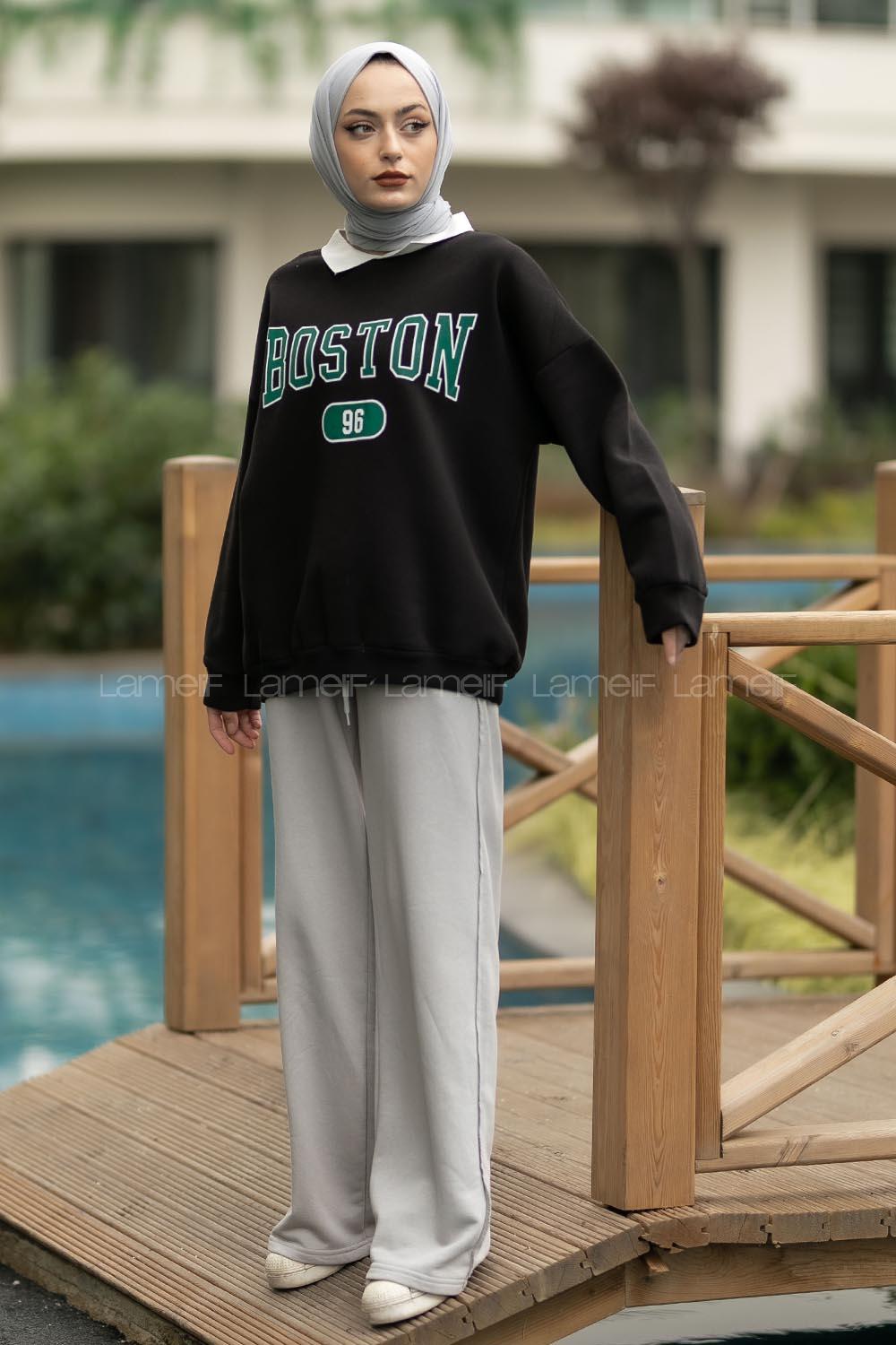 Modalamelif Boston Yazı Baskılı Polo Yaka Sweat Siyah