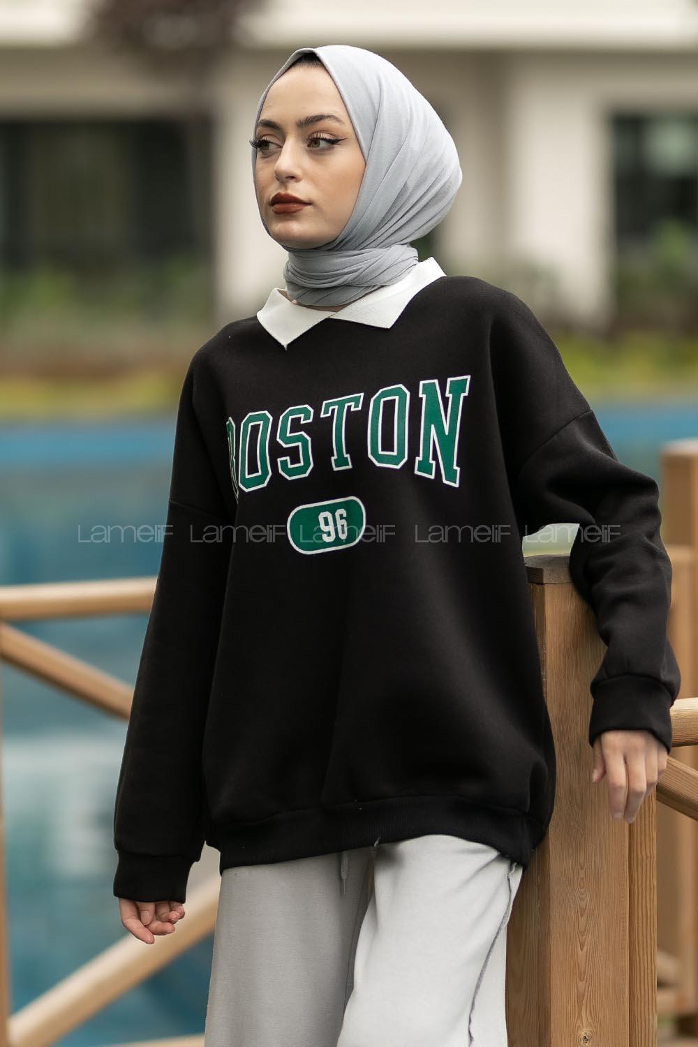 Modalamelif Boston Yazı Baskılı Polo Yaka Sweat Siyah
