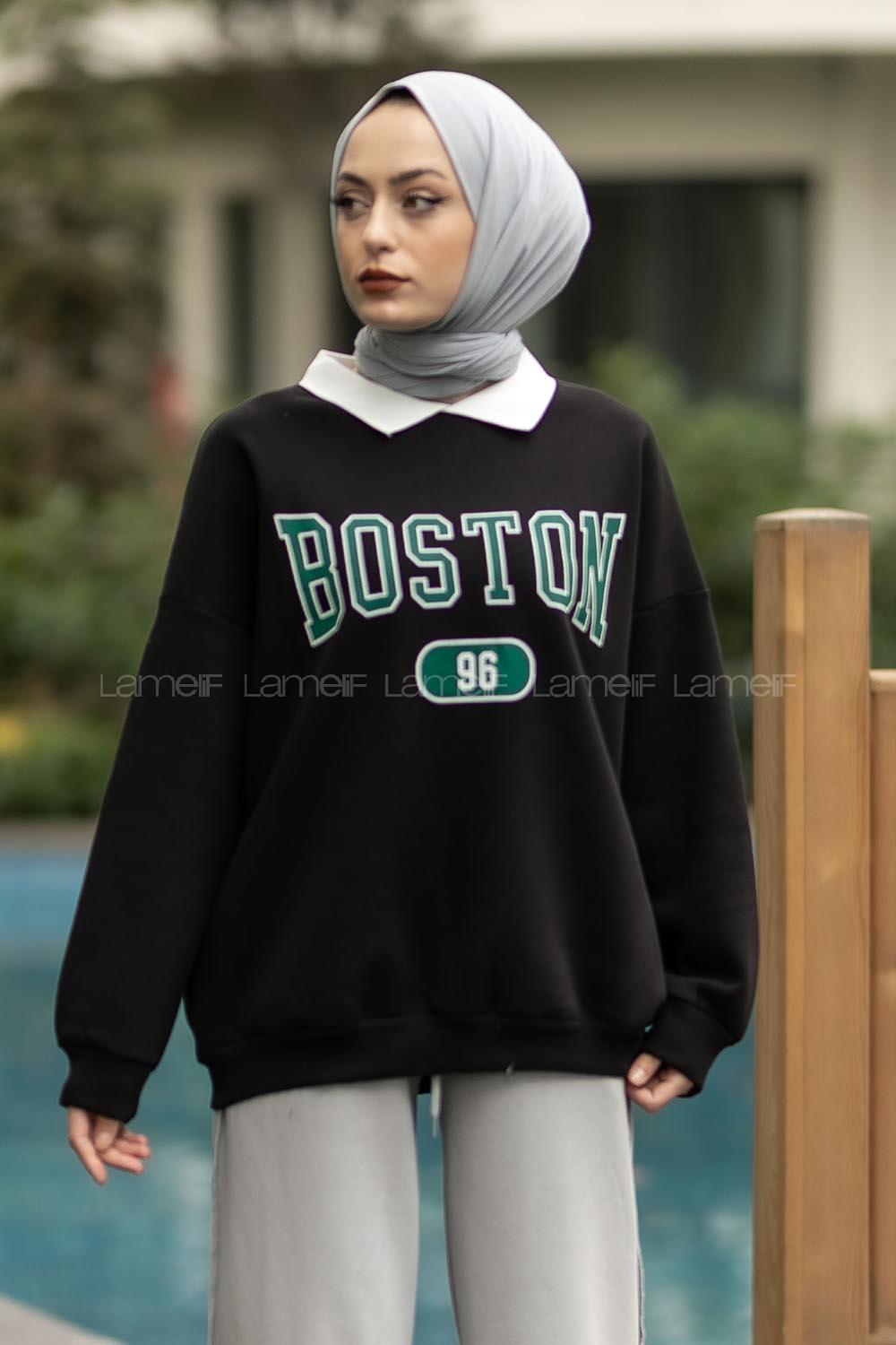 Modalamelif Boston Yazı Baskılı Polo Yaka Sweat Siyah