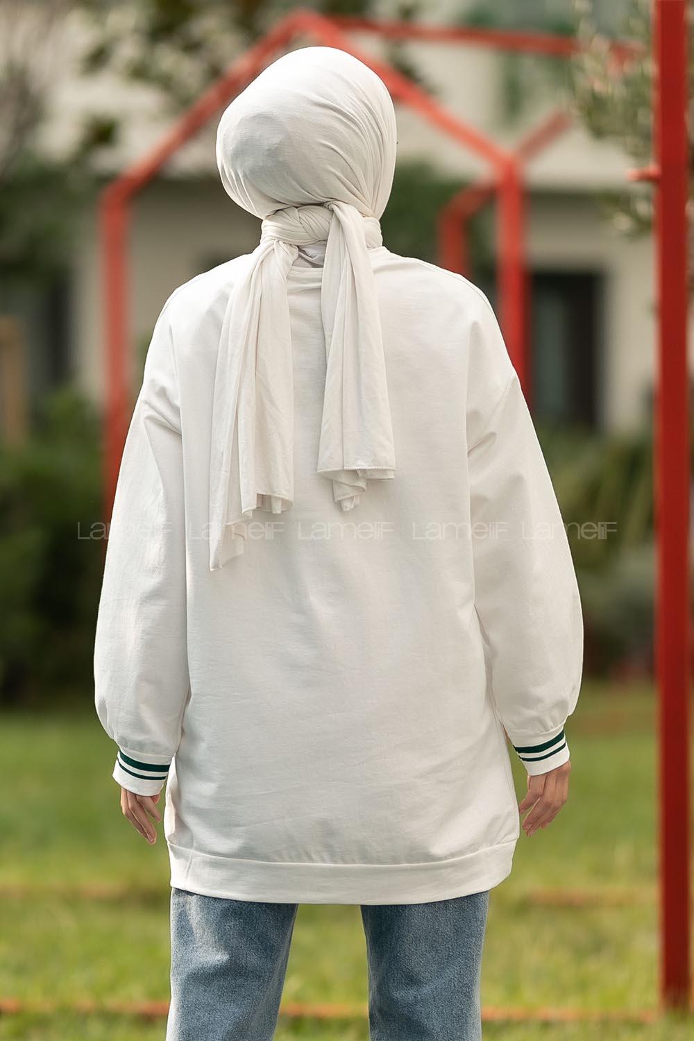 Modalamelif Calıfornia Yazı Baskılı Şerit Desenli Sweat Beyaz-Yeşil