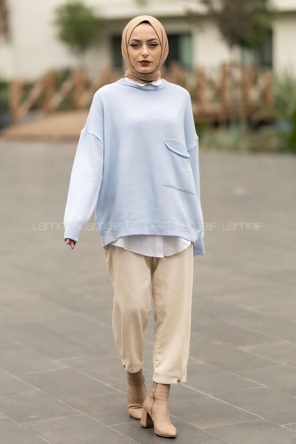 Modalamelif Cep Detaylı Basic Kazak Bebe Mavisi