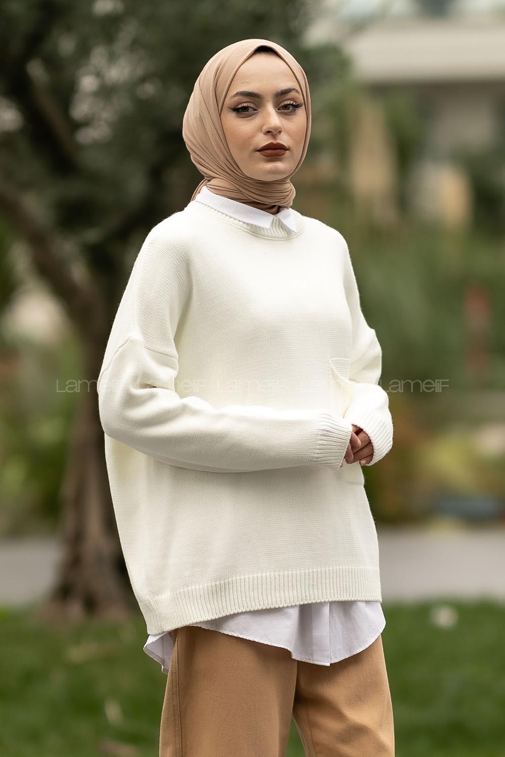 Modalamelif Cep Detaylı Basic Kazak Ekru