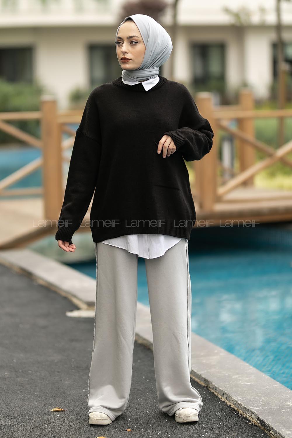 Modalamelif Cep Detaylı Basic Kazak Siyah