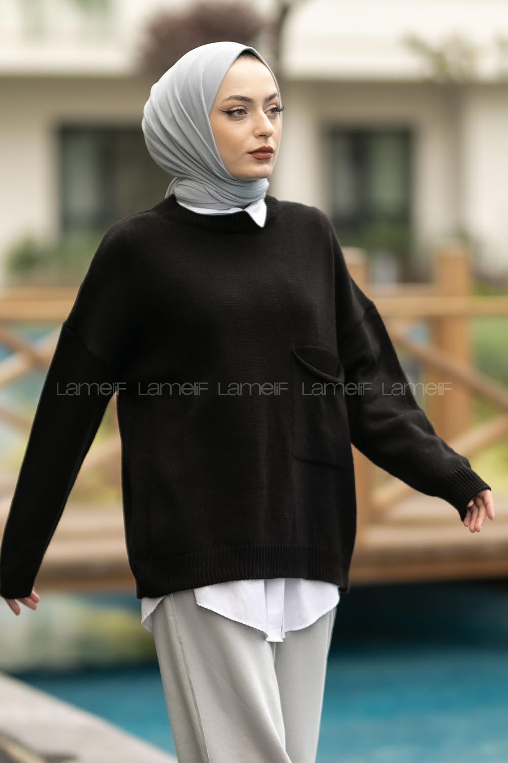 Modalamelif Cep Detaylı Basic Kazak Siyah