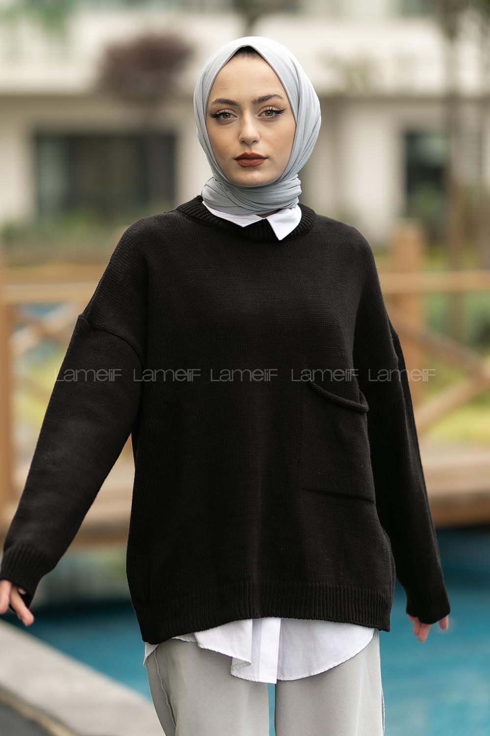 Modalamelif Cep Detaylı Basic Kazak Siyah