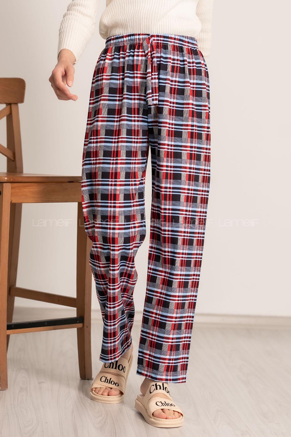 Modalamelif Çizgi Desenli Beli Lastikli Pijama Lacivert-Kırmızı