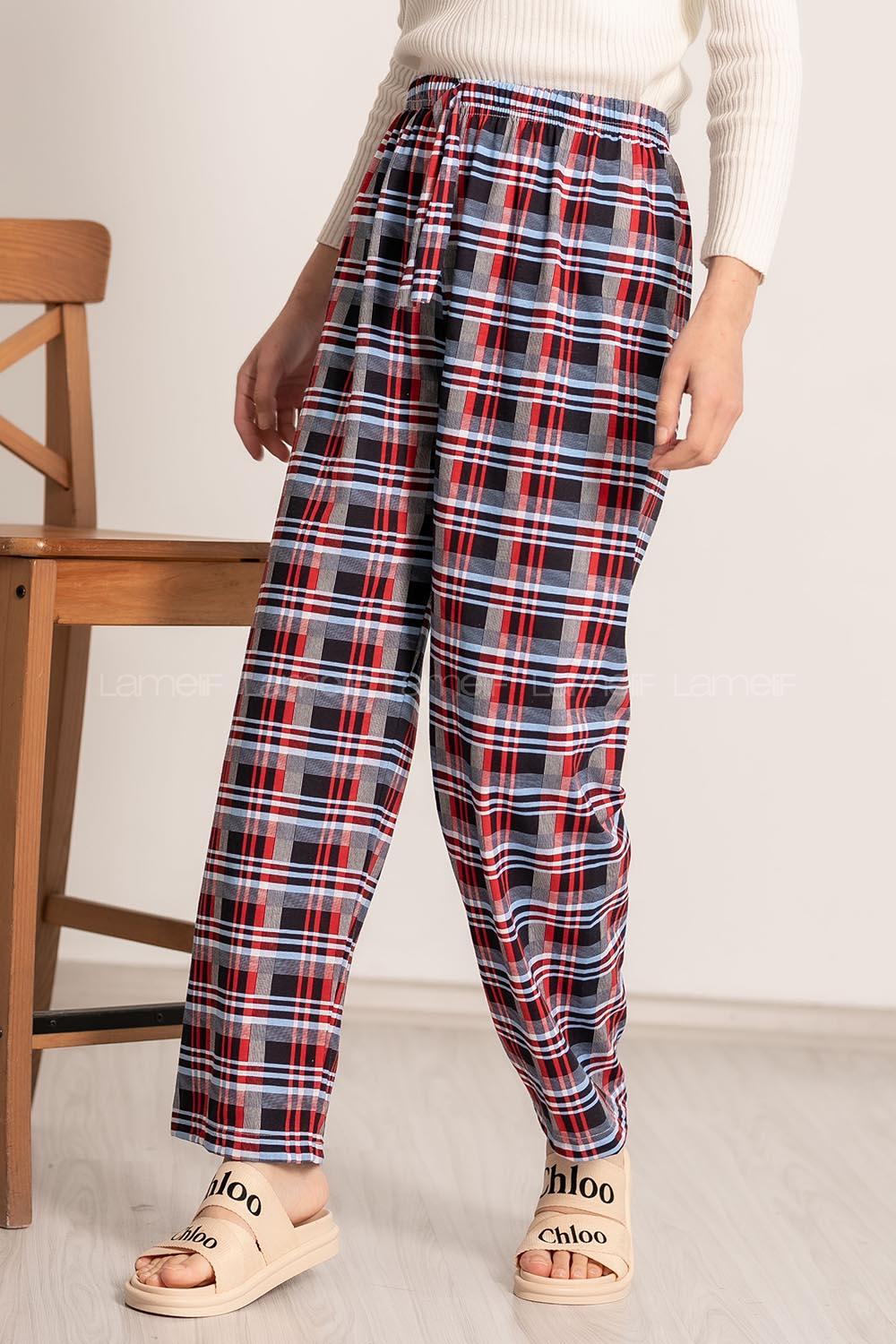 Modalamelif Çizgi Desenli Beli Lastikli Pijama Lacivert-Kırmızı