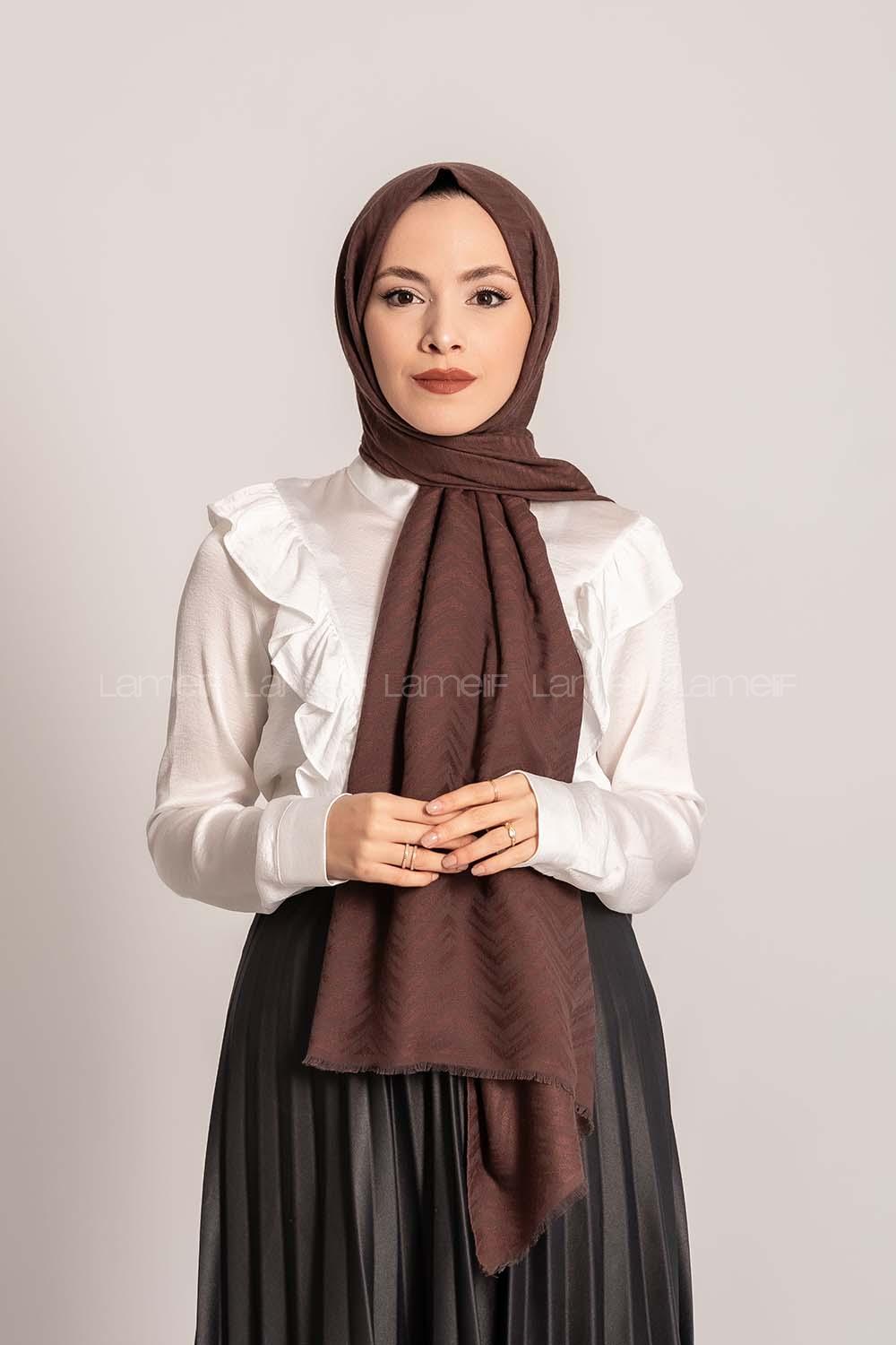 Modalamelif Efekli Zikzak Desen Pamuk  Şal Acı Kahve