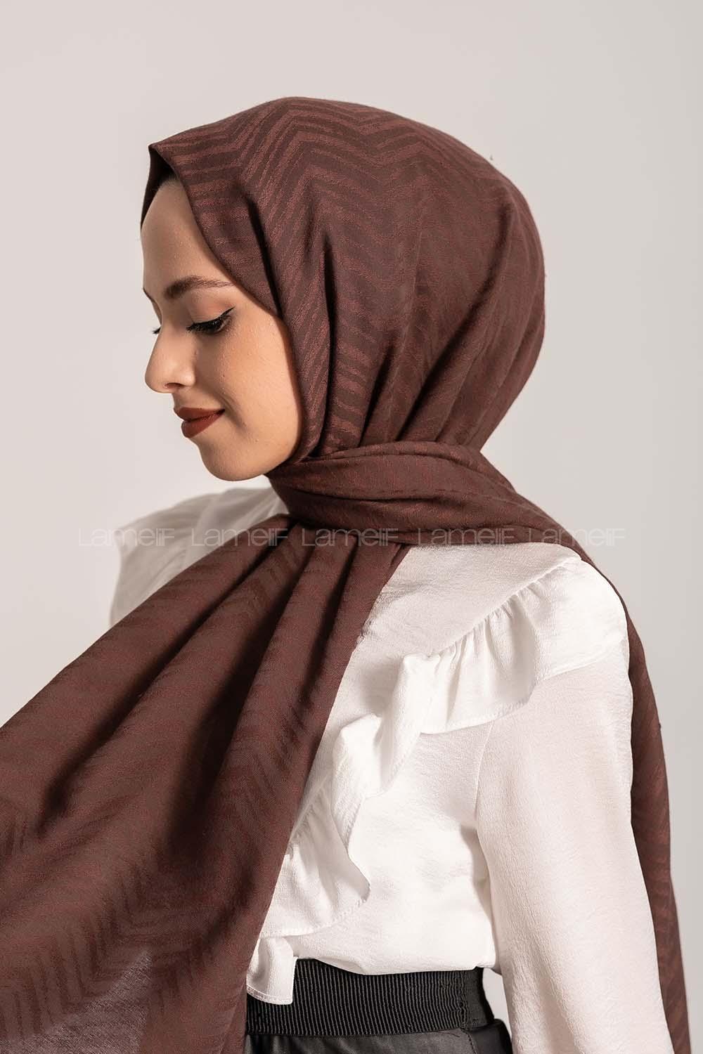 Modalamelif Efekli Zikzak Desen Pamuk  Şal Acı Kahve