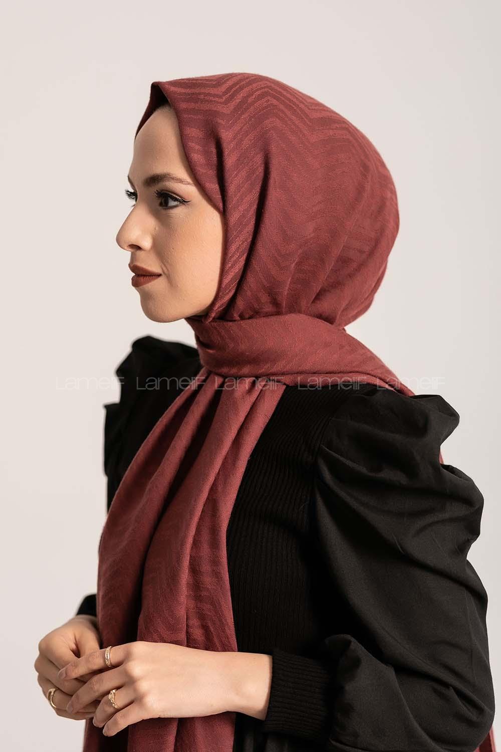 Modalamelif Efekli Zikzak Desen Pamuk  Şal Bordo