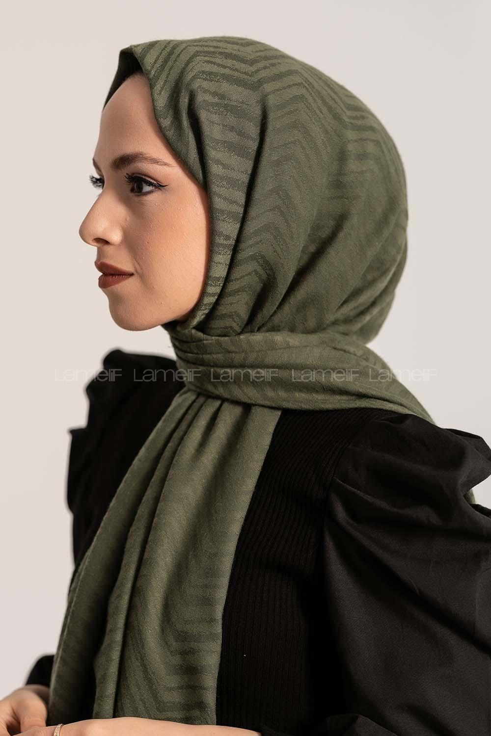 Modalamelif Efekli Zikzak Desen Pamuk  Şal Haki