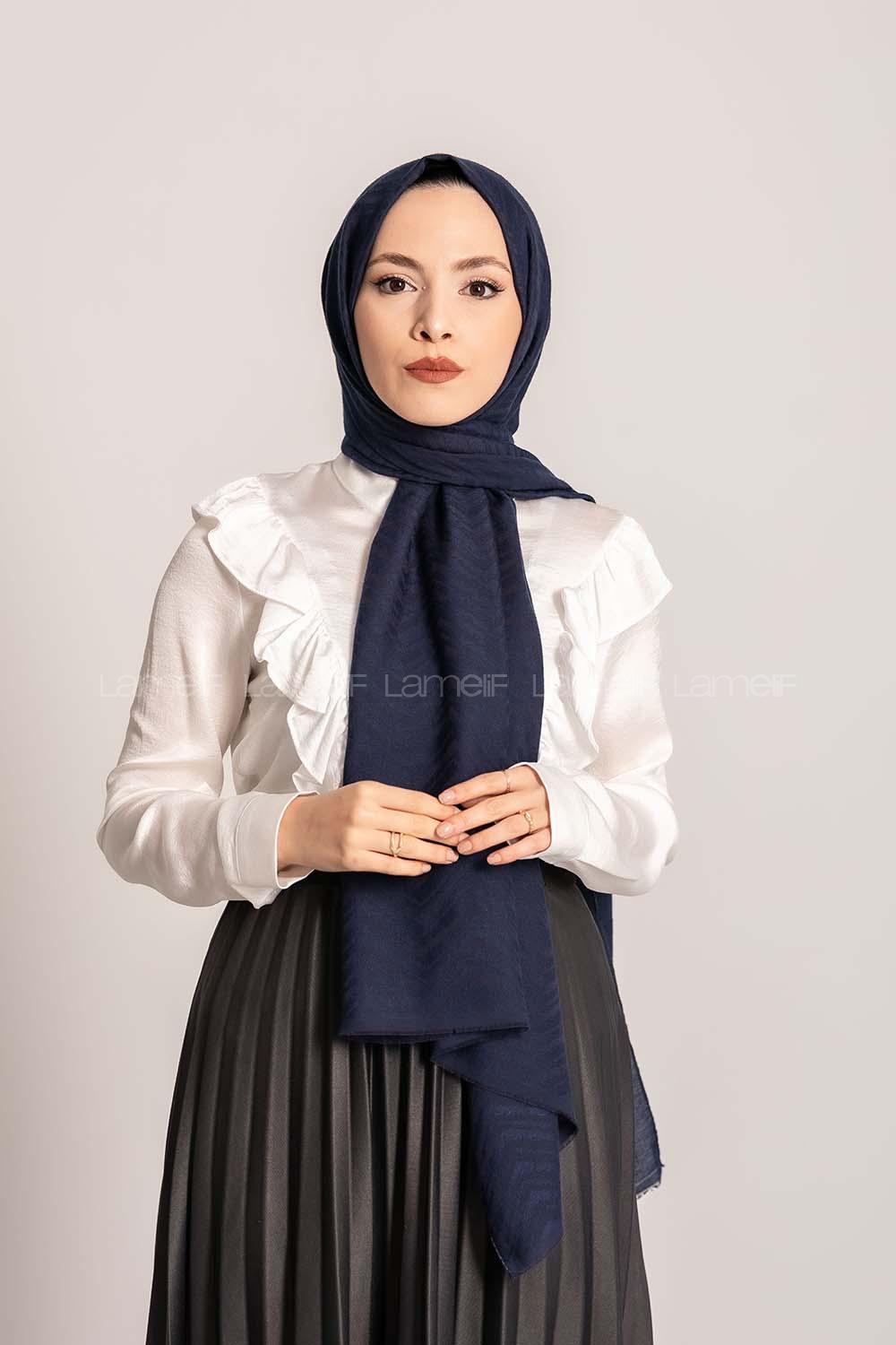 Modalamelif Efekli Zikzak Desen Pamuk  Şal Lacivert