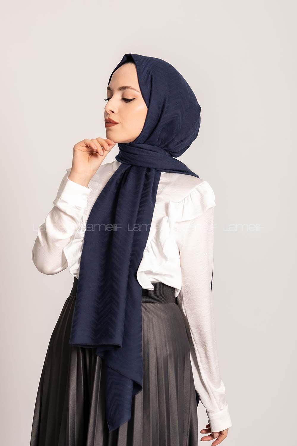 Modalamelif Efekli Zikzak Desen Pamuk  Şal Lacivert