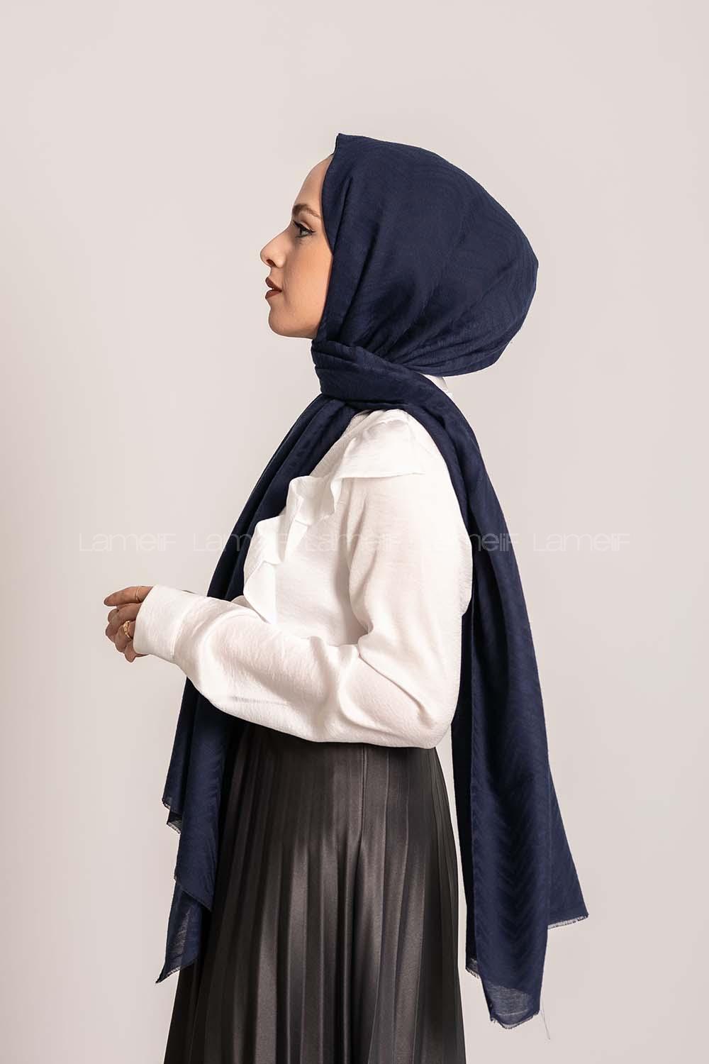 Modalamelif Efekli Zikzak Desen Pamuk  Şal Lacivert