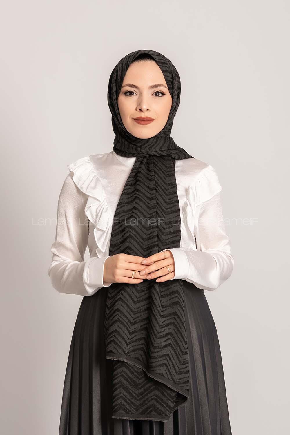 Modalamelif Efekli Zikzak Desen Pamuk  Şal Siyah