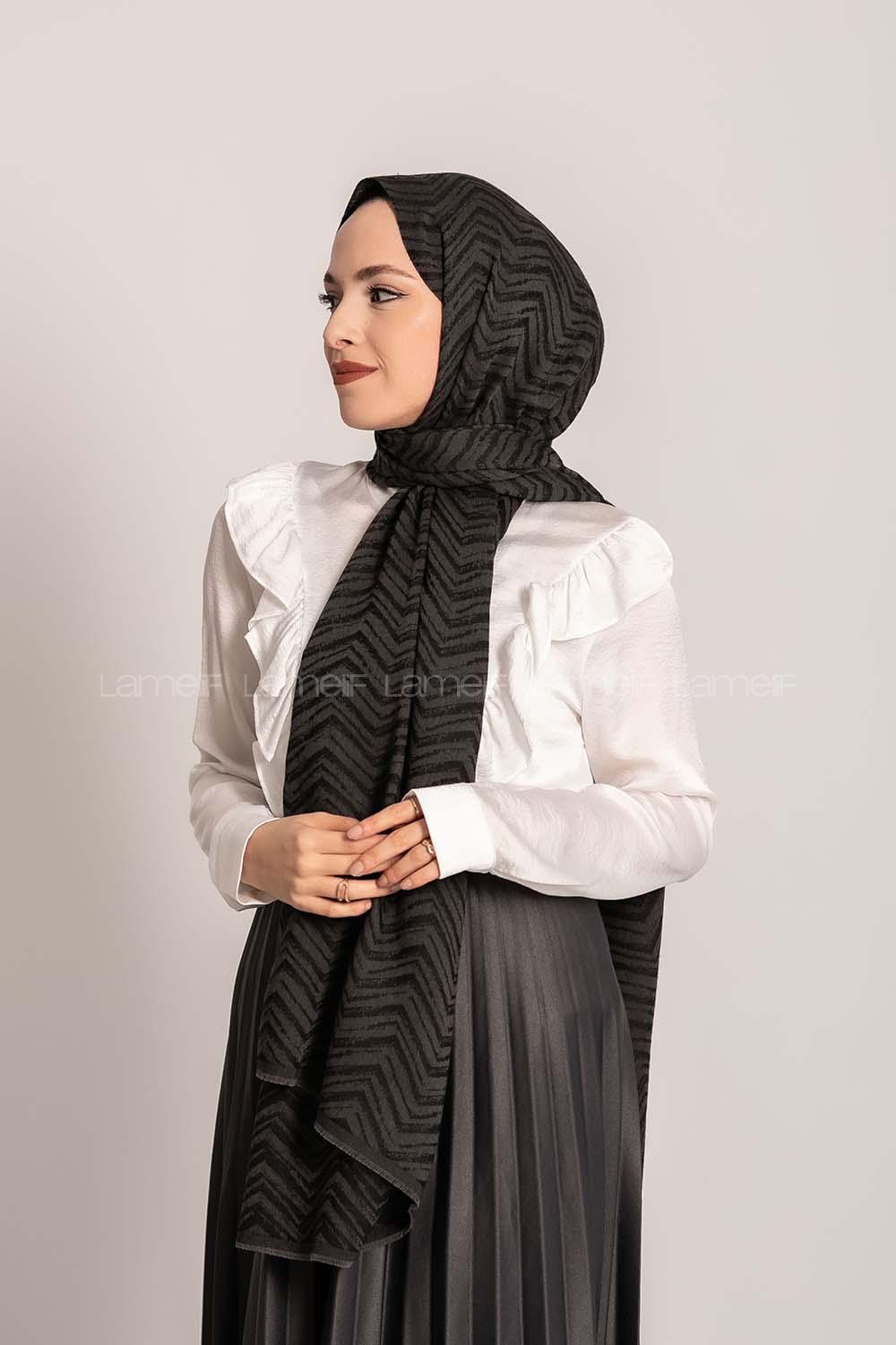 Modalamelif Efekli Zikzak Desen Pamuk  Şal Siyah