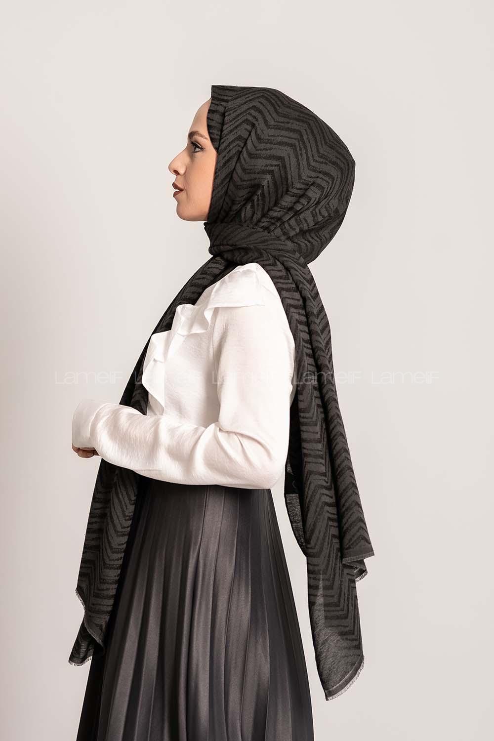 Modalamelif Efekli Zikzak Desen Pamuk  Şal Siyah