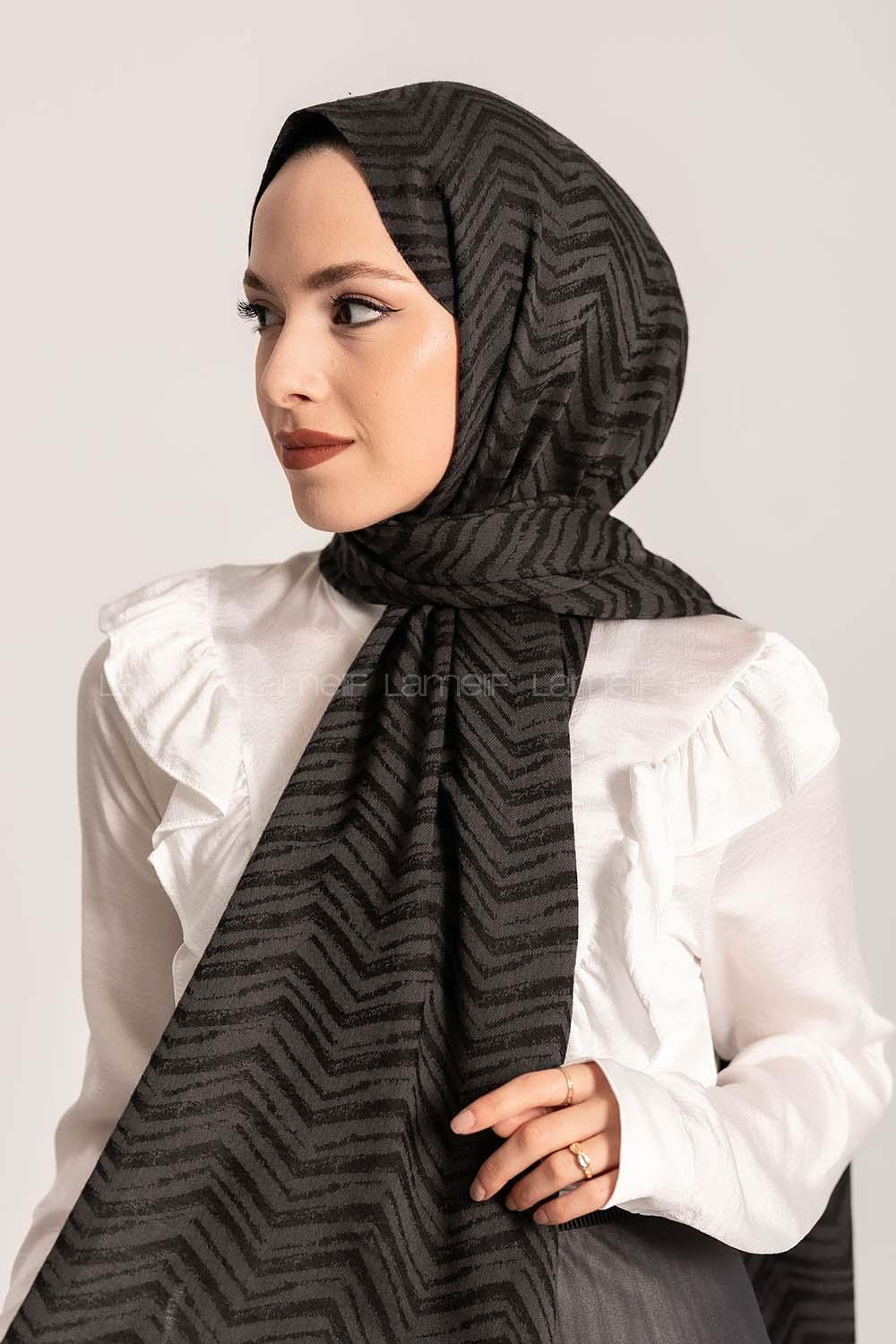 Modalamelif Efekli Zikzak Desen Pamuk  Şal Siyah