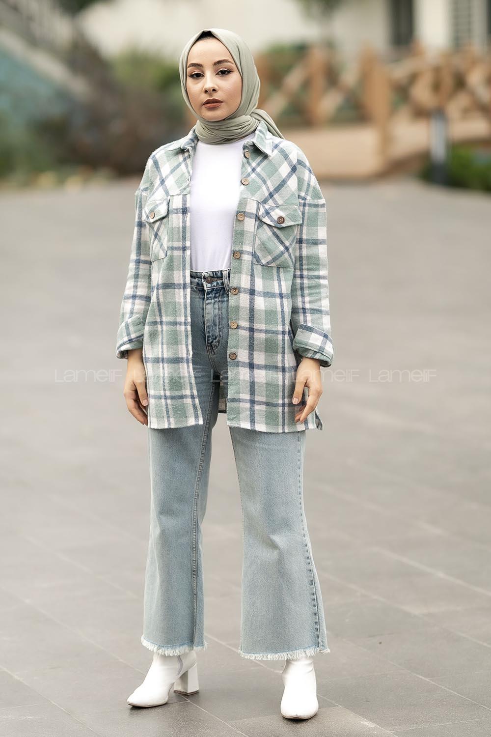 Modalamelif Ekose Desenli Çift Cepli Oduncu Gömlek Çağla Yeşili