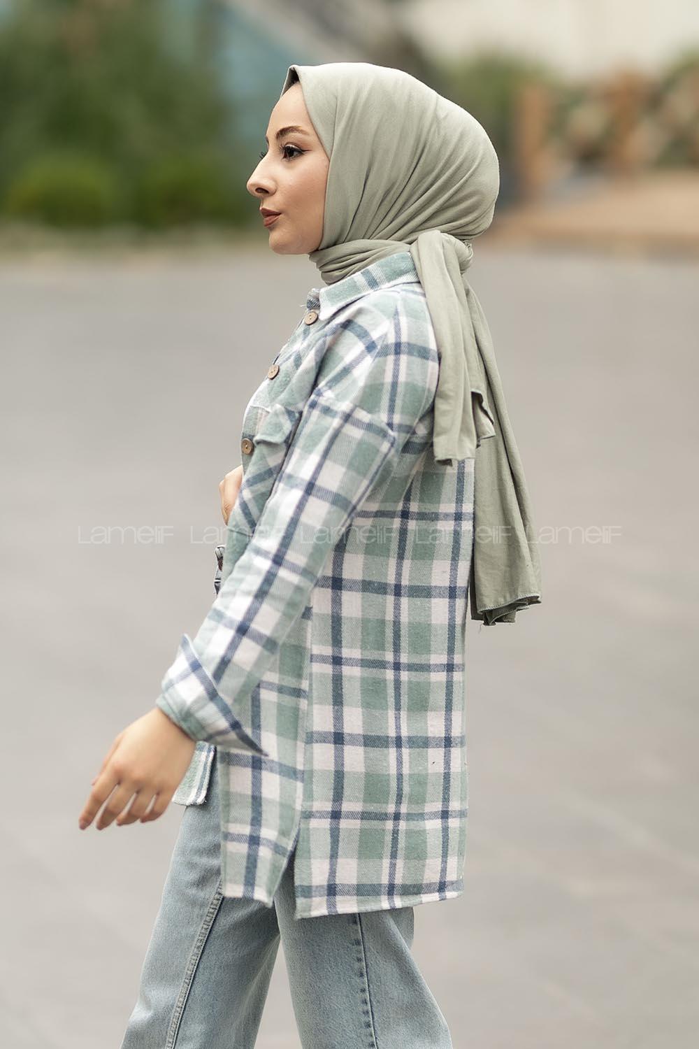 Modalamelif Ekose Desenli Çift Cepli Oduncu Gömlek Çağla Yeşili