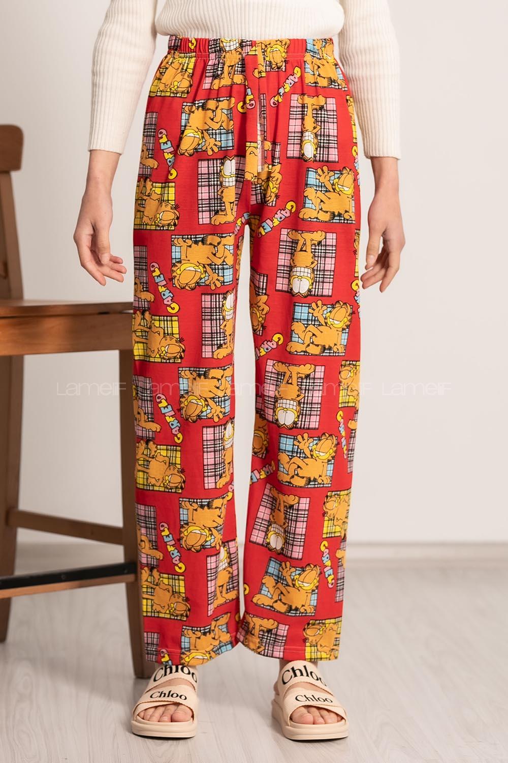 Modalamelif Garfield Baskı Desenli Beli Lastikli Pijama Kırmızı