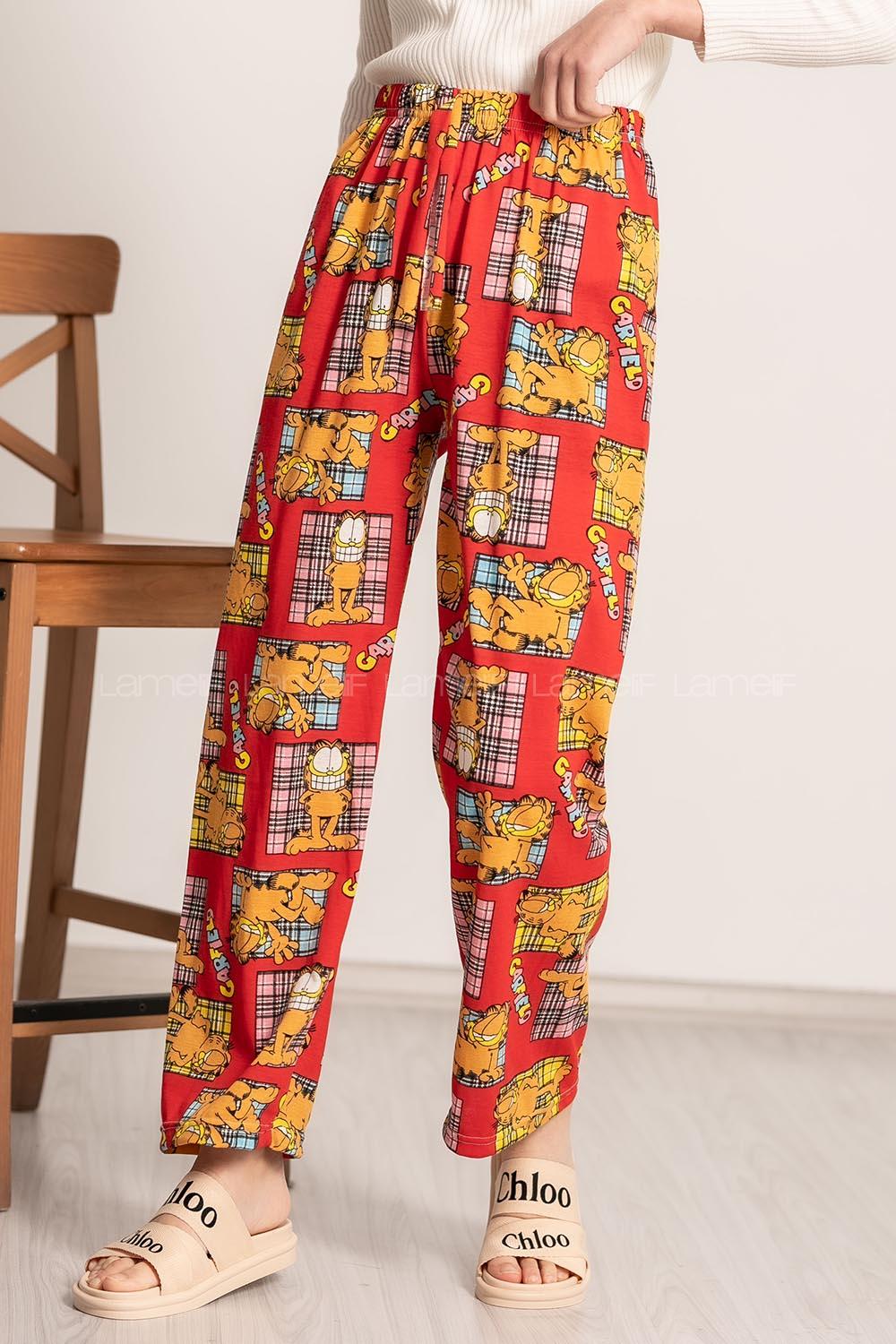 Modalamelif Garfield Baskı Desenli Beli Lastikli Pijama Kırmızı