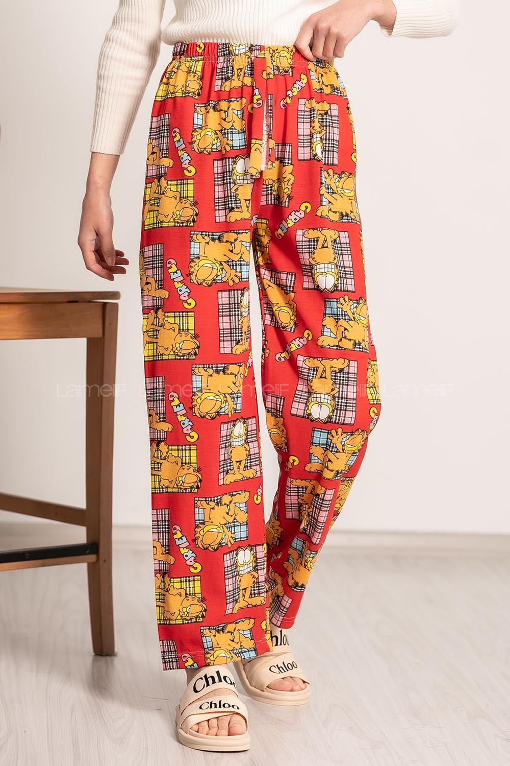 Modalamelif Garfield Baskı Desenli Beli Lastikli Pijama Kırmızı