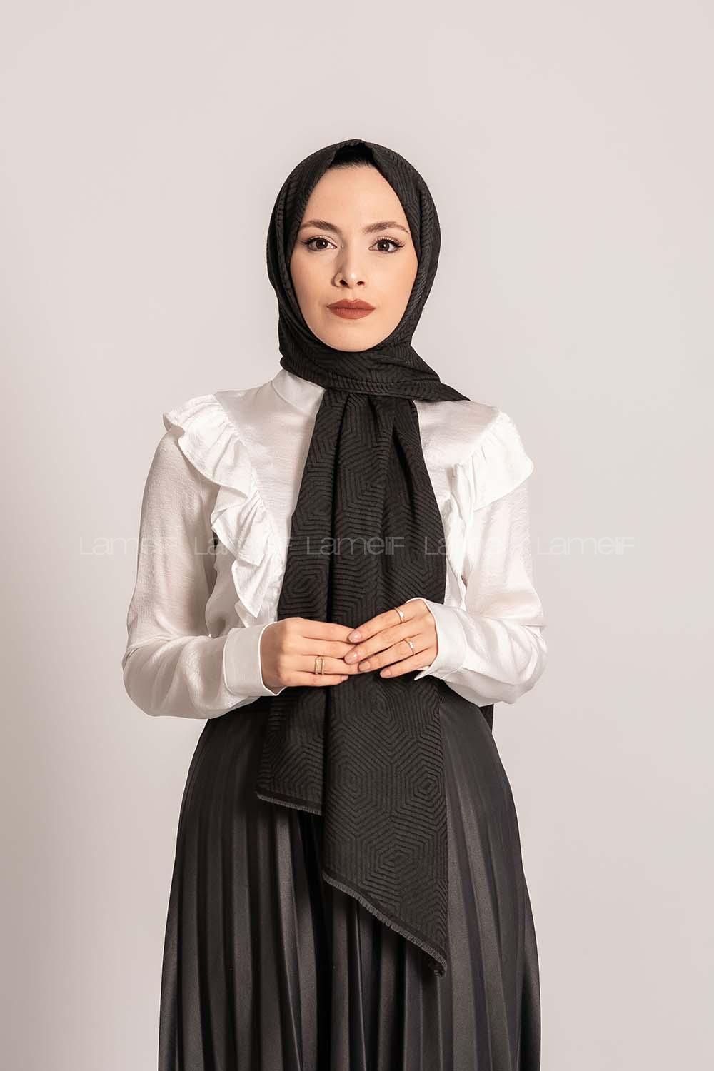 Modalamelif Geometrik Desen Pamuk  Şal Siyah