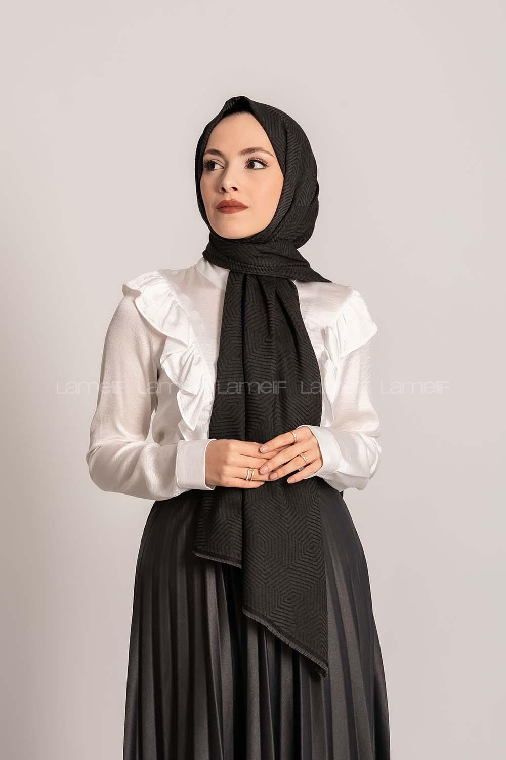 Modalamelif Geometrik Desen Pamuk  Şal Siyah