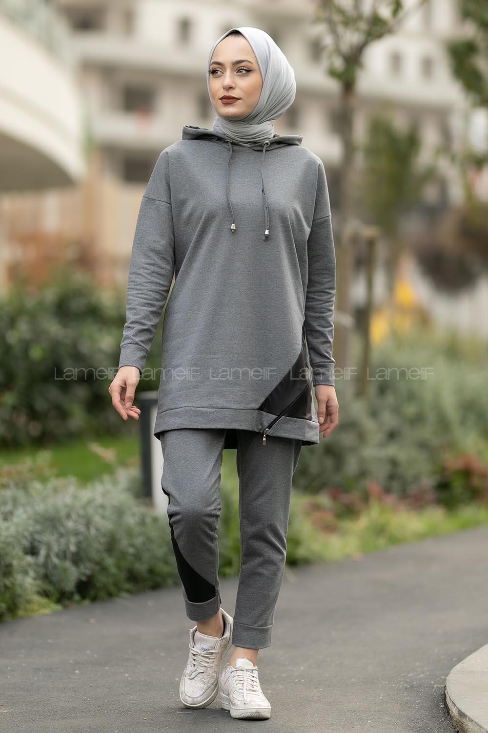 Modalamelif Kapüşonlu Etek Ucu Fosfor Detaylı Takım Gri