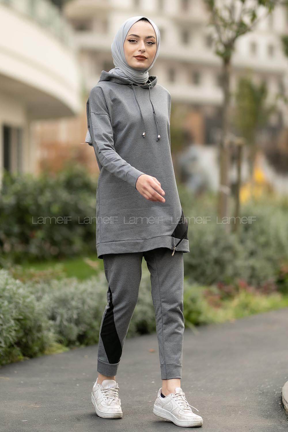 Modalamelif Kapüşonlu Etek Ucu Fosfor Detaylı Takım Gri