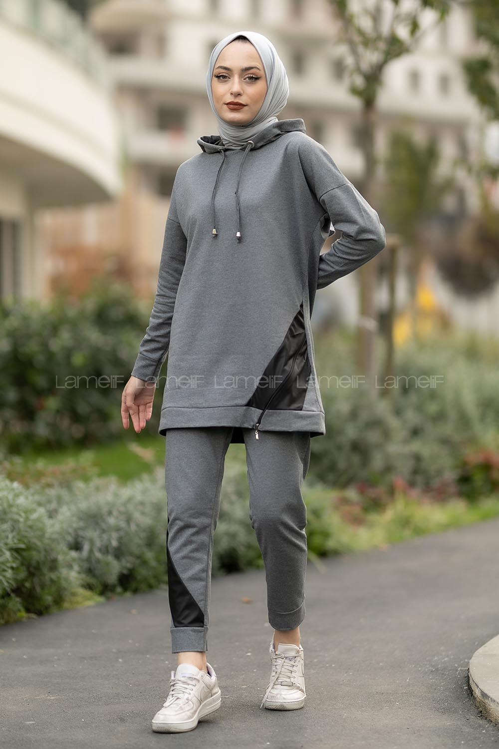 Modalamelif Kapüşonlu Etek Ucu Fosfor Detaylı Takım Gri